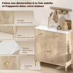 Buffet, meuble de rangement cannelé avec plateau effet marbre, 2 tiroirs, 2 portes, étagère réglable, 77x30x80cm, chêne