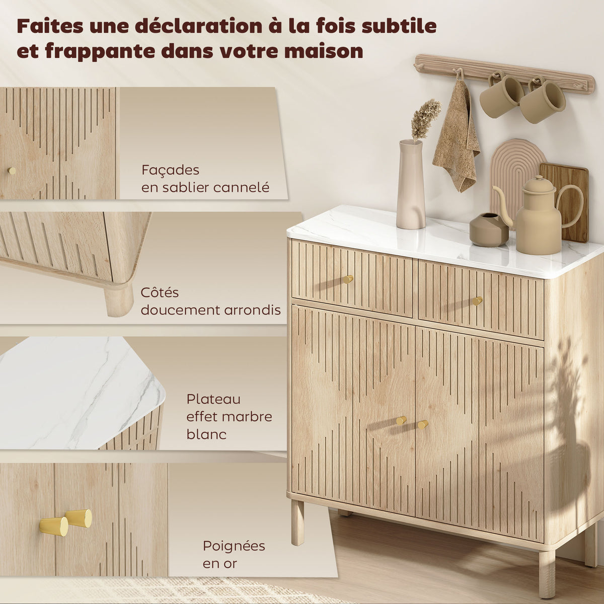 Buffet, meuble de rangement cannelé avec plateau effet marbre, 2 tiroirs, 2 portes, étagère réglable, 77x30x80cm, chêne