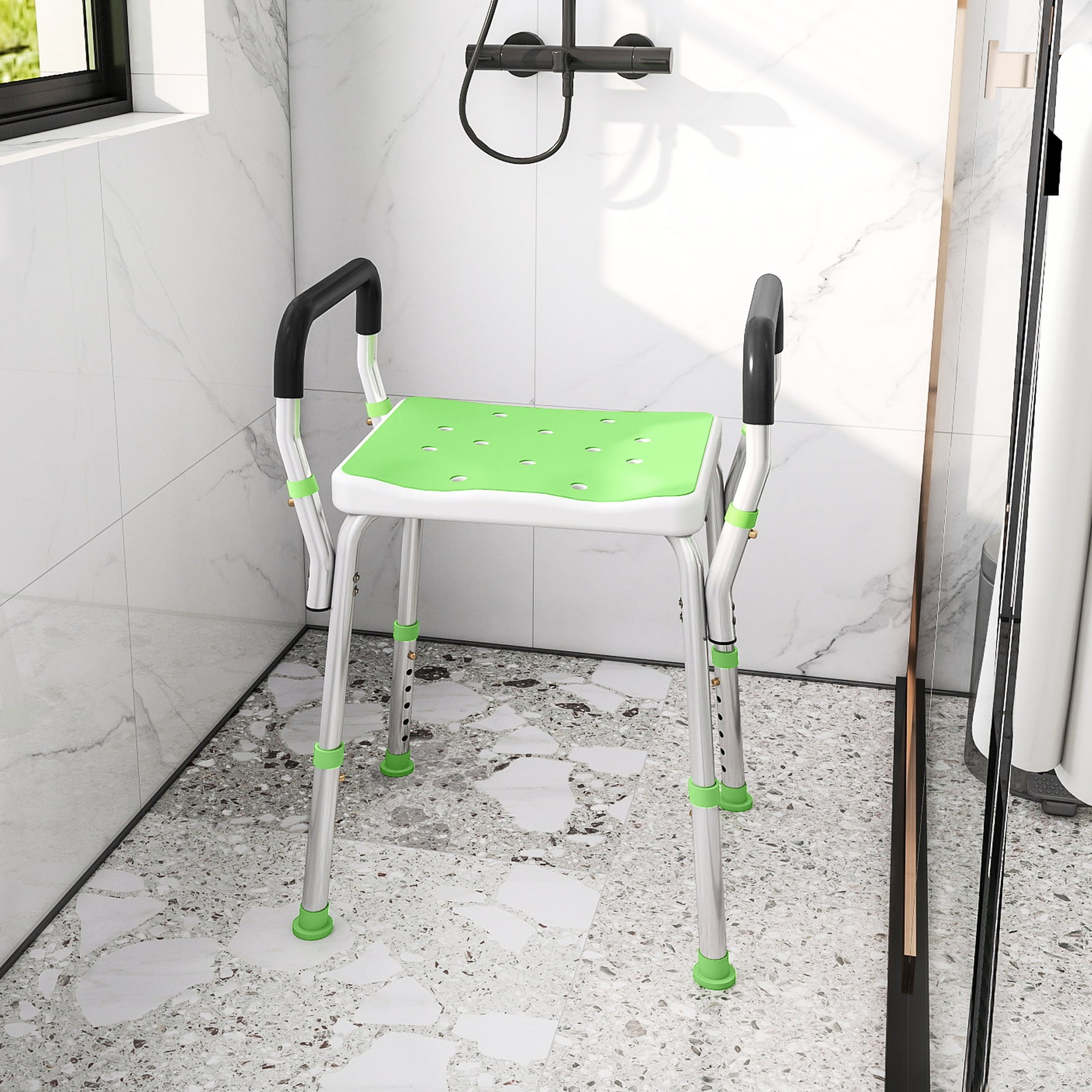 Tabouret de douche pour personnes âgées et handicapées avec accoudoirs, hauteur réglable, patins antidérapants, vert