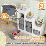 Children's toy storage unit with 6 removable bins, 3 storage levels, 96 x 38.5 x 90, grey