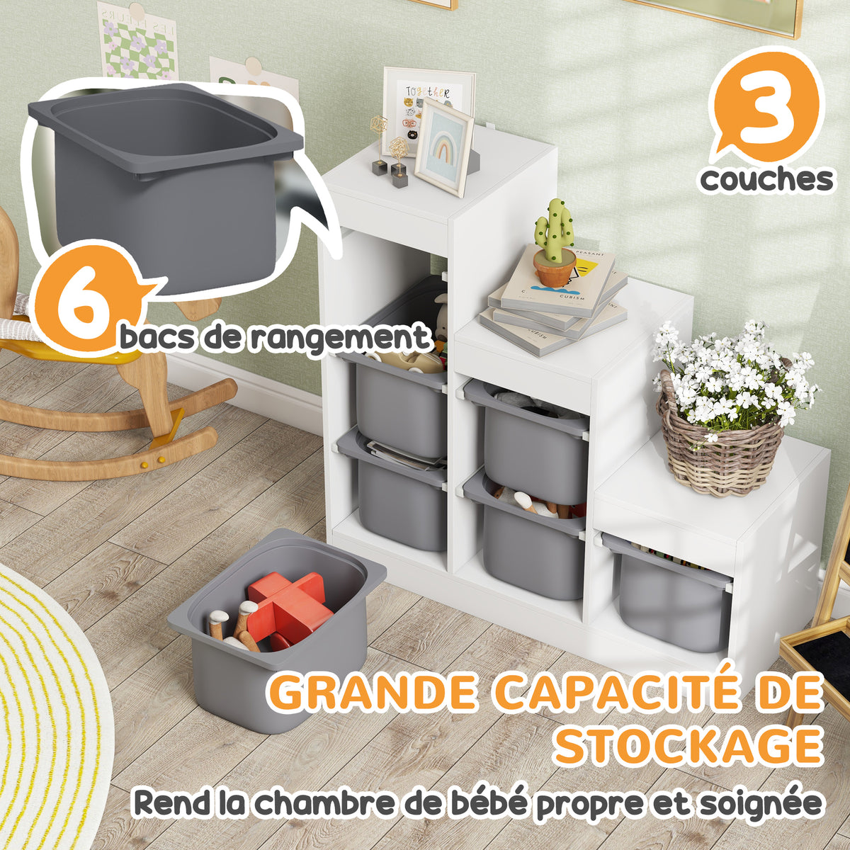 Children's toy storage unit with 6 removable bins, 3 storage levels, 96 x 38.5 x 90, grey