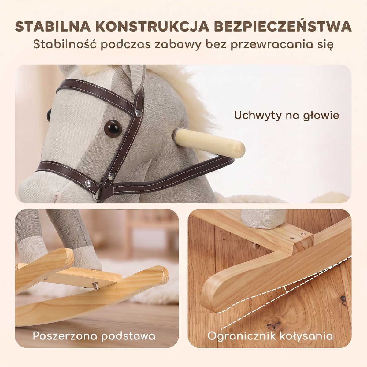 Cheval à bascule pour enfants, jouet à bascule bébé en tissu effet lin avec effets sonores et poignées de sécurité, gris