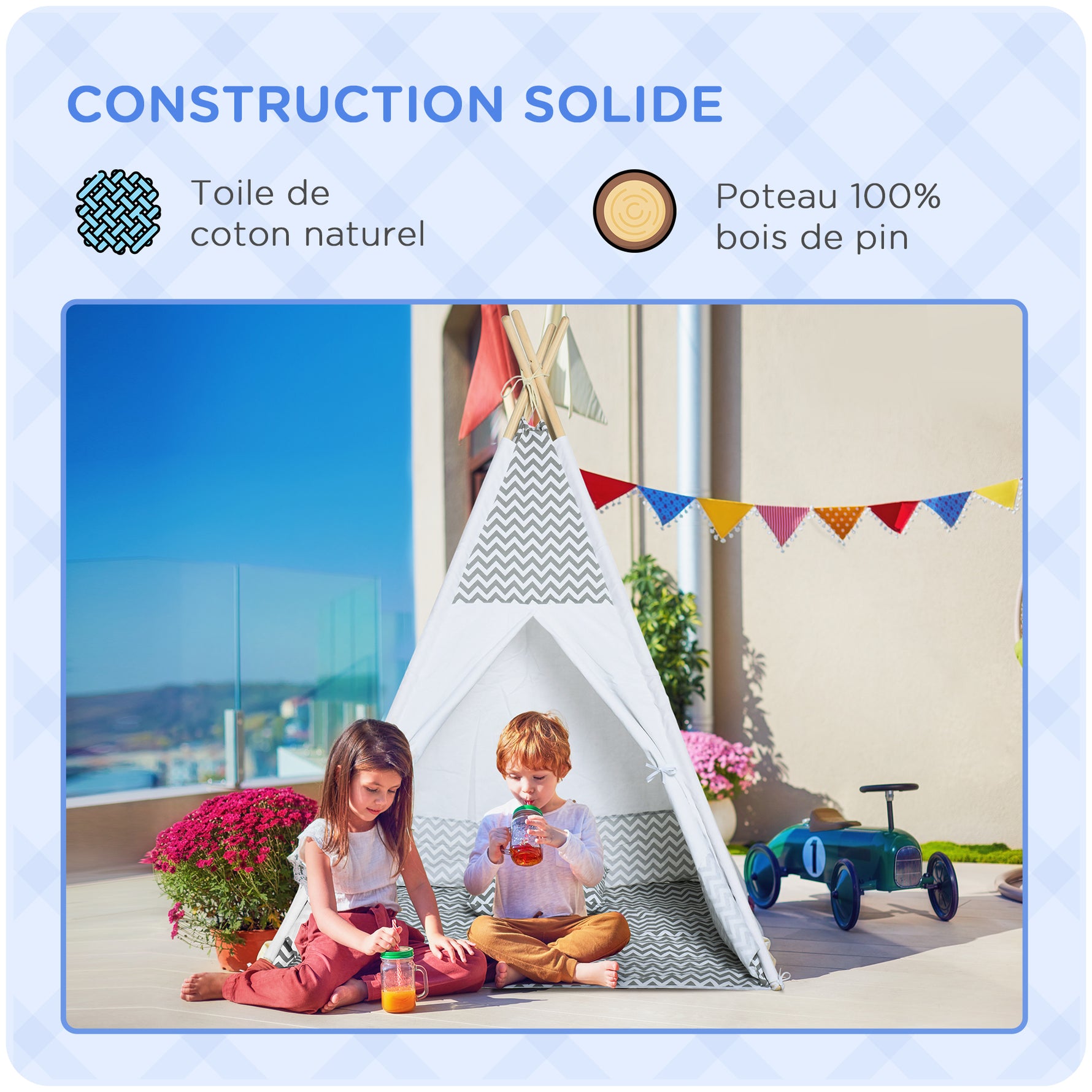 Tente Teepee Indien Tente de jeu pour Enfant Style Graphique - dim. 1,2L x 1,2I x 1,55H m - Porte refermable Fenêtre Tapis Coussin Sac Transport Inclus - à l'Intérieur à l'Extérieur Gris Blanc