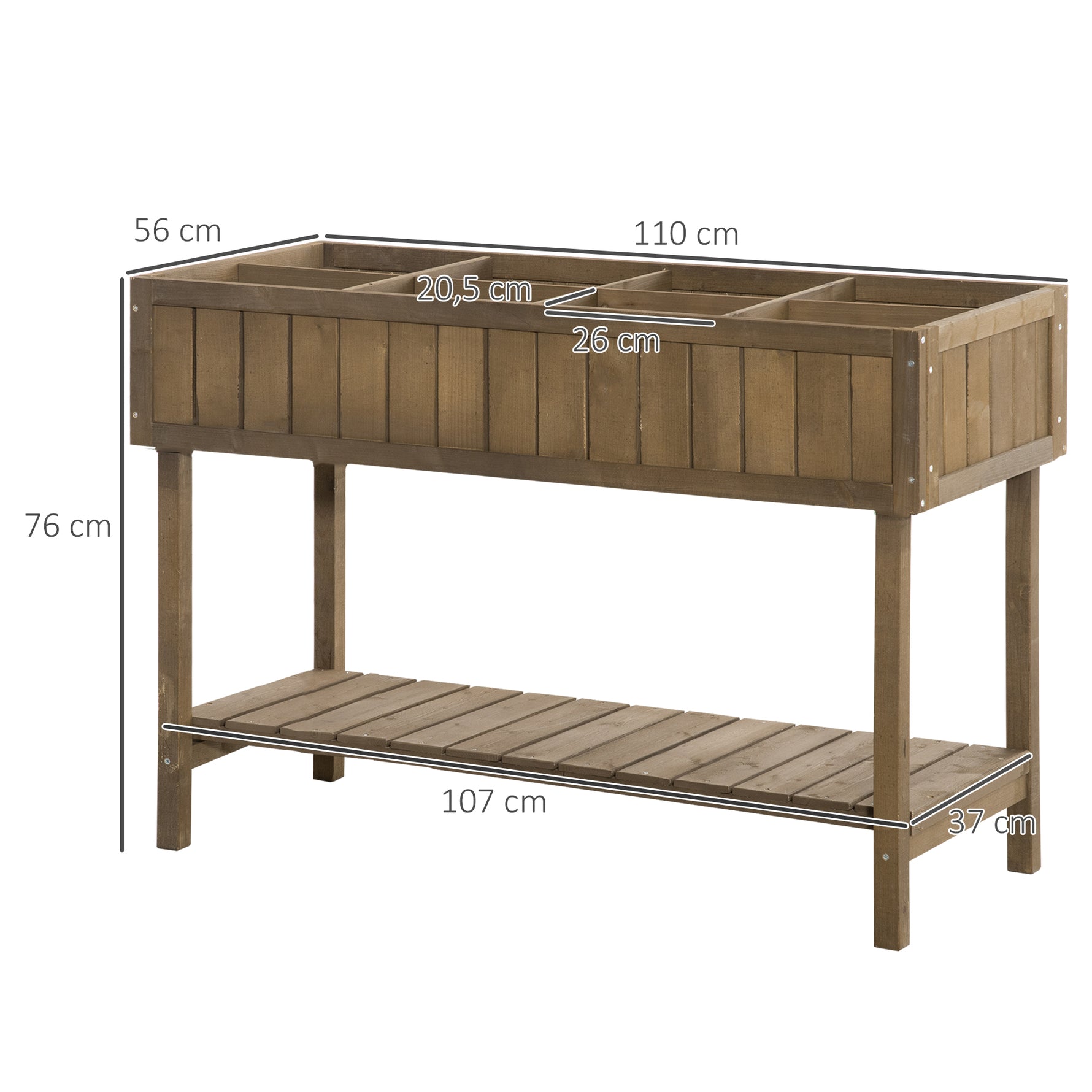 Jardinière sur Pieds carré Potager étagère dim. 110L x 46l x 76H cm 8 Compartiments Inserts d'irrigation Bois de Sapin