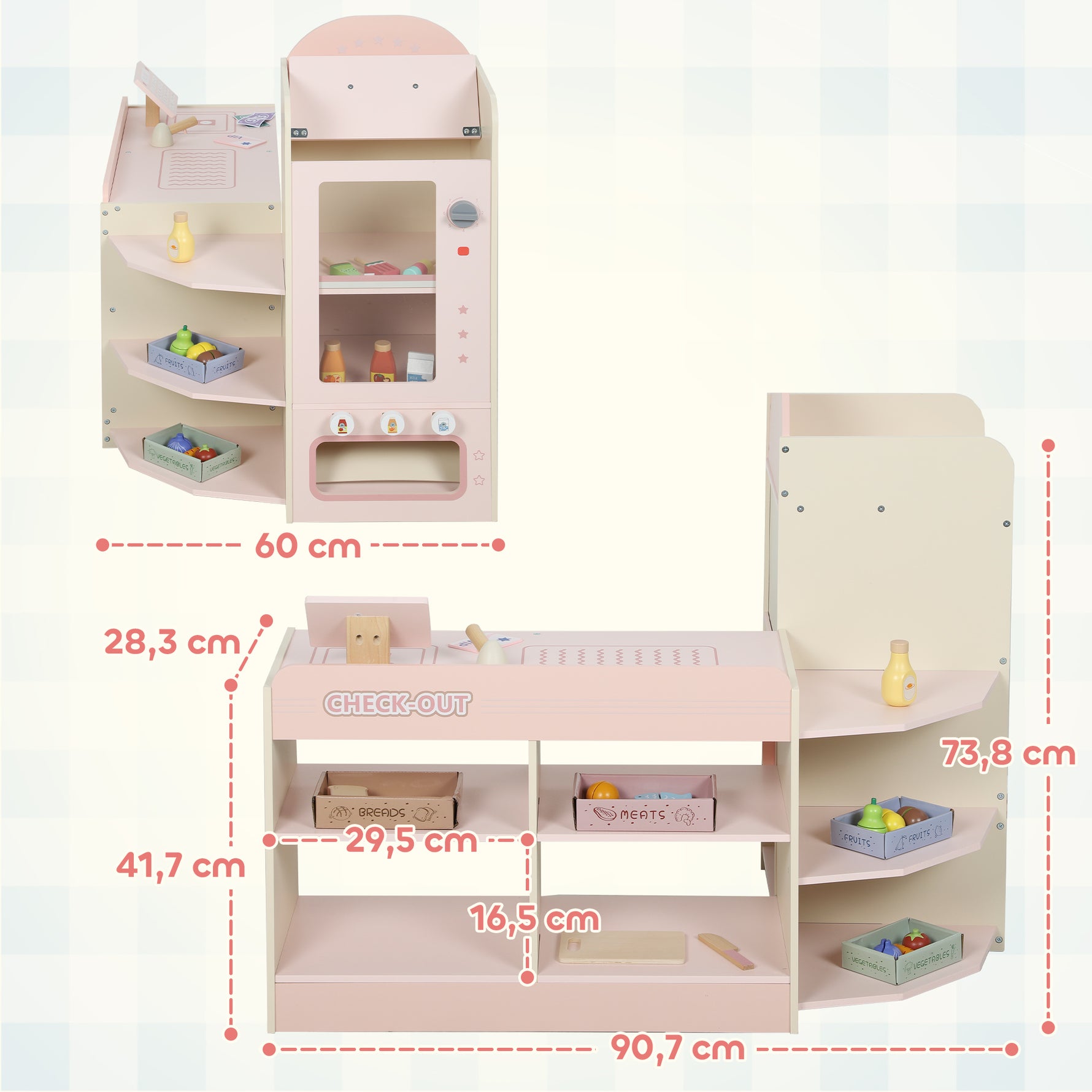 Supermarché pour enfant, marchande en bois, caisse enregistreuse, distributeur et accessoires, 90,7x60x73,8cm, vert