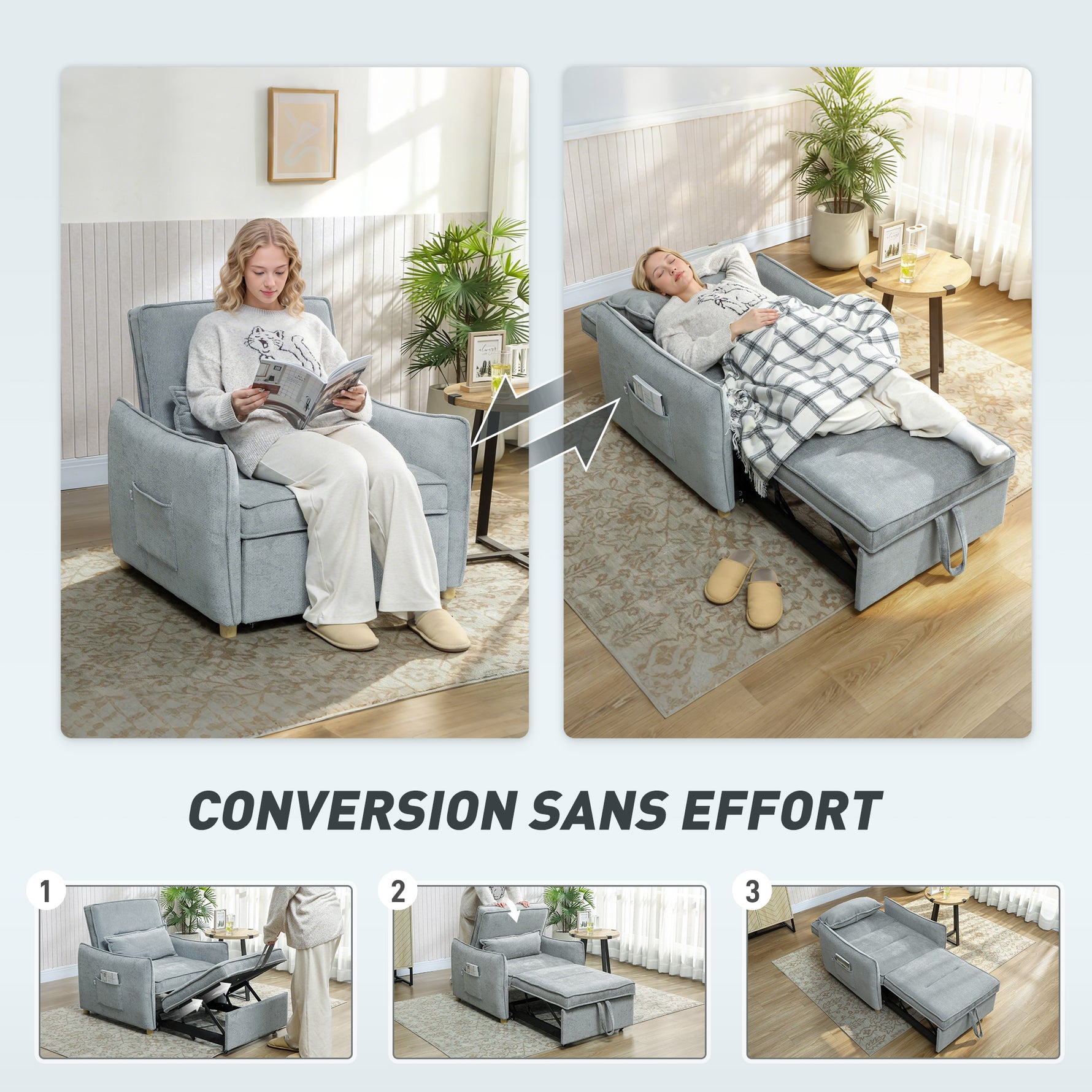 Fauteuil convertible 1 place 3 en 1, fauteuil-lit clic-clac en chenille, assise large dossier réglable, 88x84x87cm, gris