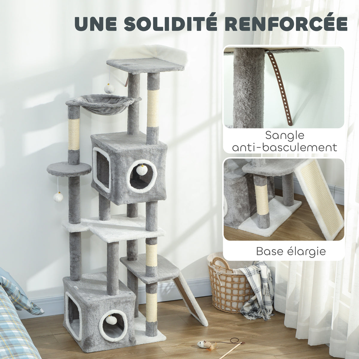 Arbre à chat tour de jeux pour chats centre d'activités 2 niches plateformes hamac échelle et 4 pompons 165 cm gris