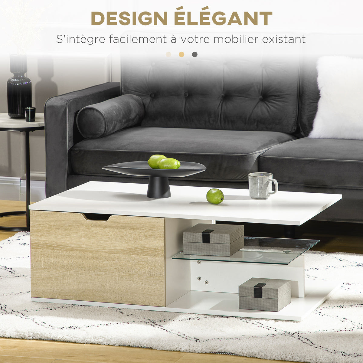 Table basse rectangulaire design contemporain 2 tiroirs 2 niches étagère verre trempé panneaux blanc aspect chêne clair