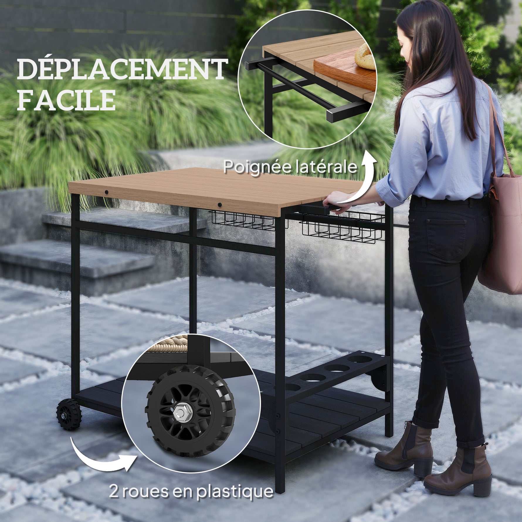 Desserte de jardin chariot pour plancha barbecue en bois et métal avec poignée 2 plateaux 2 paniers et porte-bouteilles