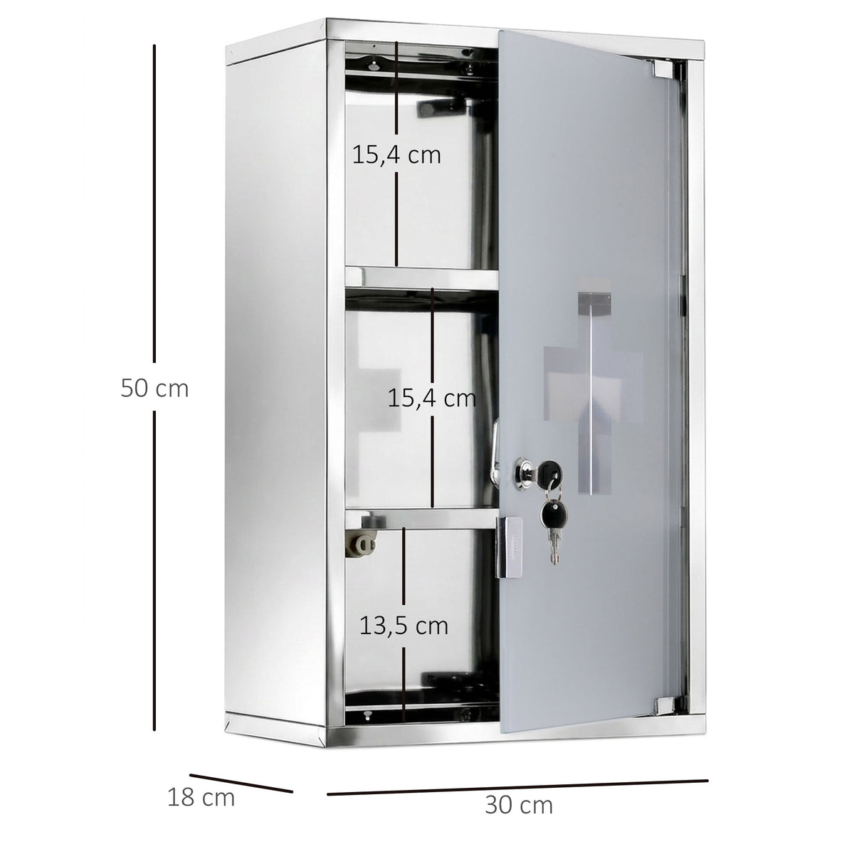Armoire à pharmacie murale à 3 niveaux en acier inoxydable avec porte verrouillable en verre avec 2 clés