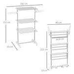 Étendoir à Linge 3 Niveaux, Sechoir a Linge avec 6 Roulettes, Pliable, Cadre en Acier Inoxydable et Ailes Latérales, pour Intérieur Extérieur, 142 x 55 x 152 cm, Blanc