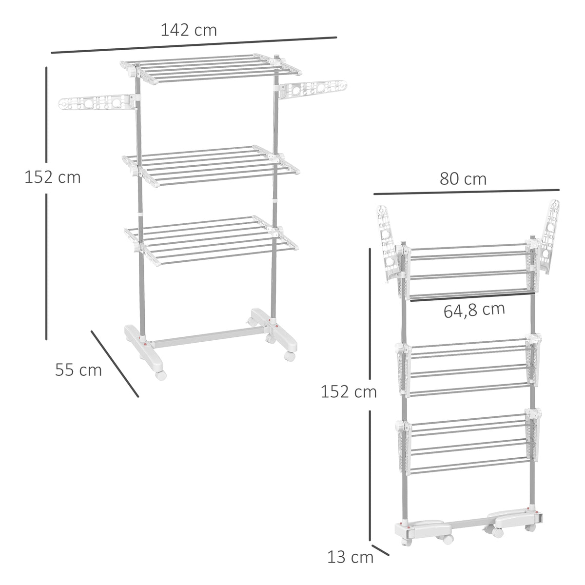 Étendoir à Linge 3 Niveaux, Sechoir a Linge avec 6 Roulettes, Pliable, Cadre en Acier Inoxydable et Ailes Latérales, pour Intérieur Extérieur, 142 x 55 x 152 cm, Blanc