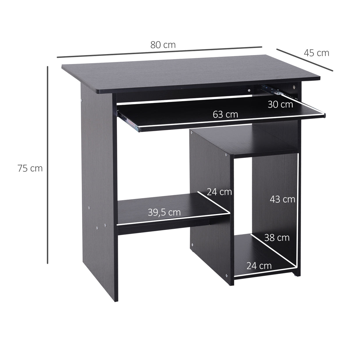 Bureau d'ordinateur, bureau avec rangement, plateau pour clavier et support de moniteur, 80 x 45 x 75 cm, noir