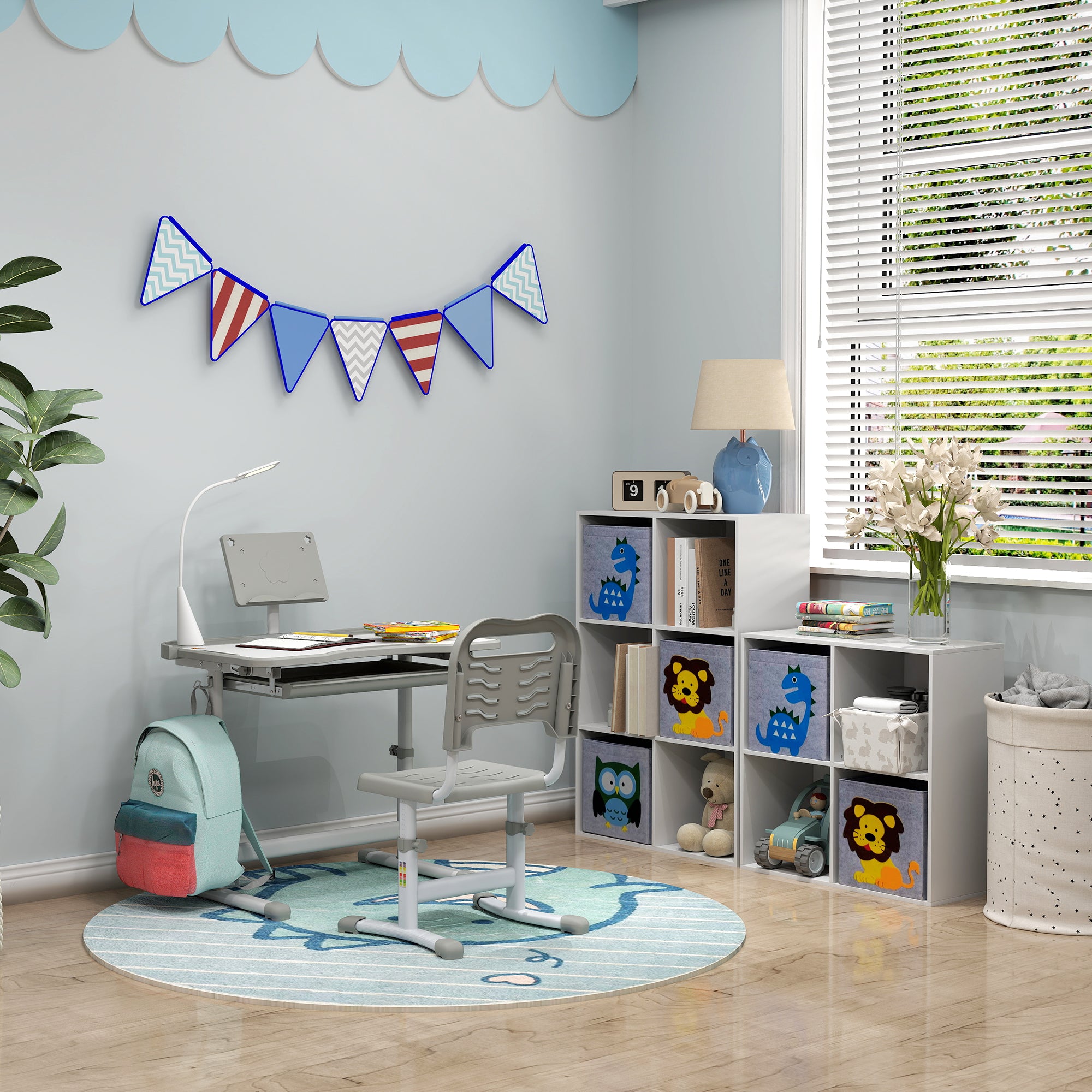 Ensemble chaise et bureau pour enfants avec lampe LED hauteur réglable plateau incliné support de lecture gris
