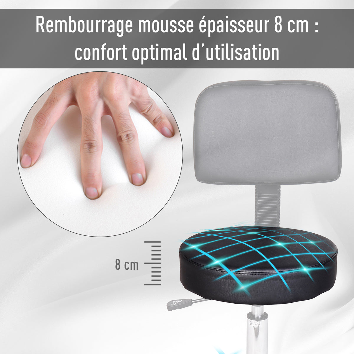 Tabouret massage a roulettes reglable en hauteur pivotant avec dossier ergonomique noir