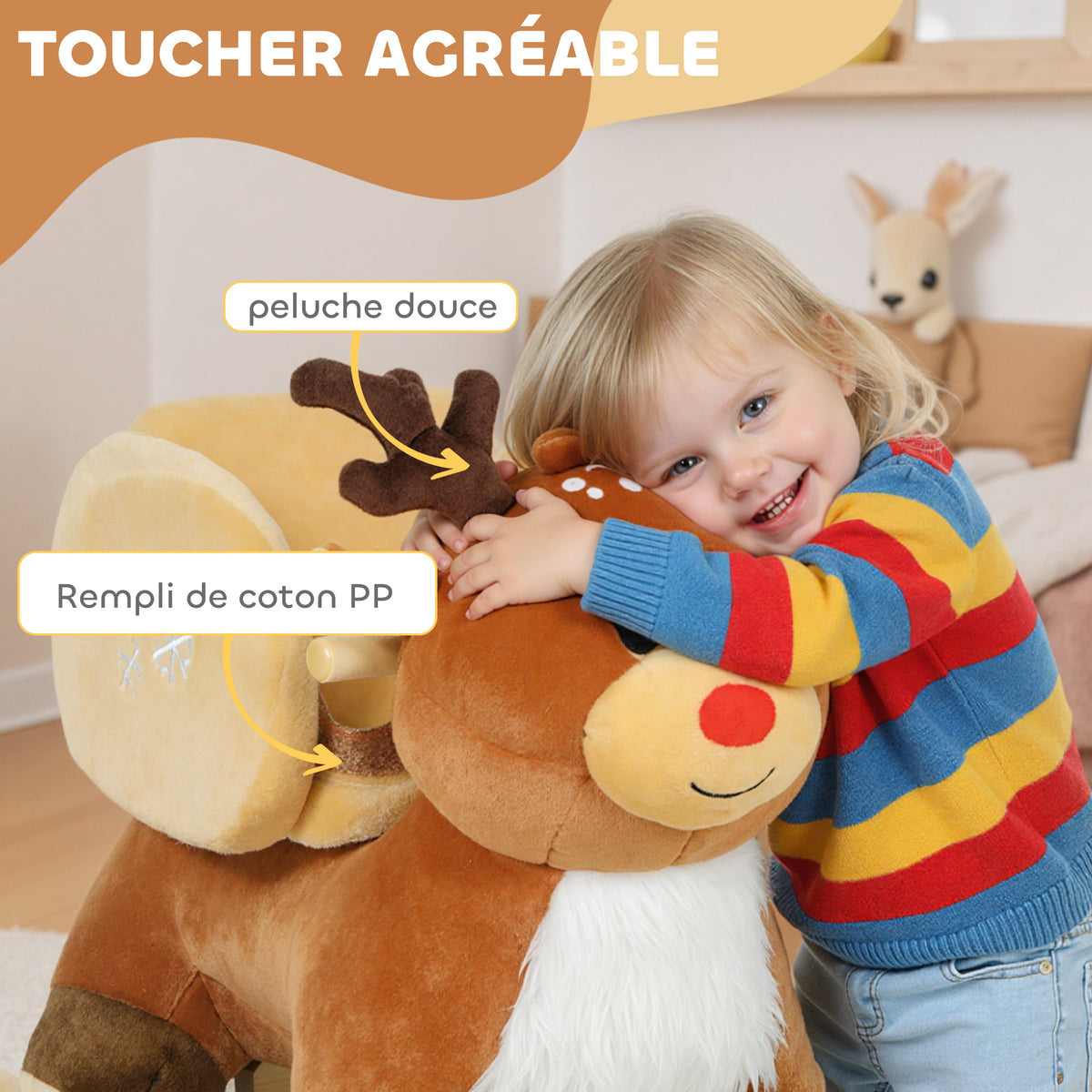 Cheval à bascule pour enfants, renne jouet à bascule bébé avec berceuses, ceinture de sécurité, 65 x 32 x 55 cm, marron