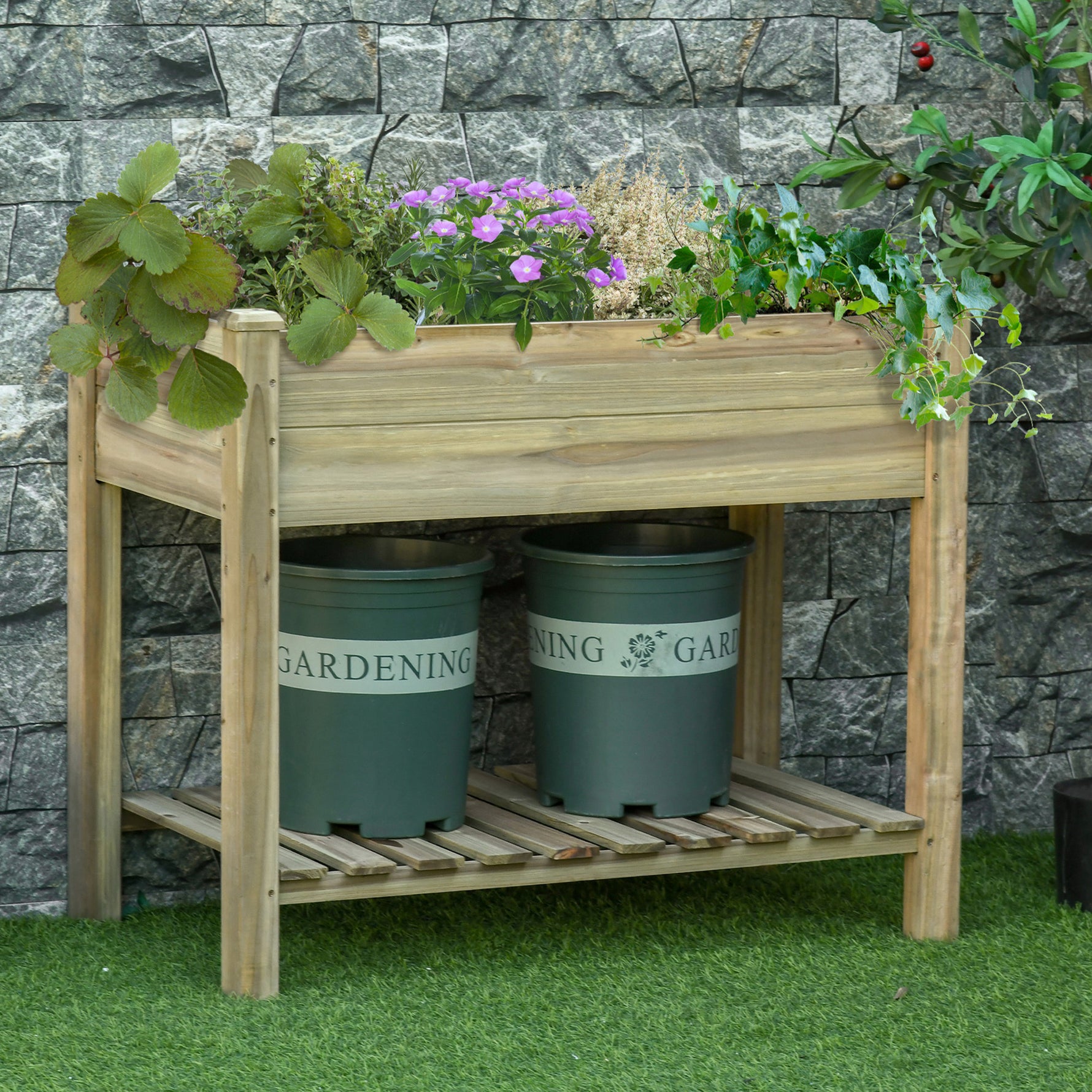 Jardinière surélevée avec Étagère de Rangement en Bois, Carré Potager sur Pied surélevé, Trous de Drainage