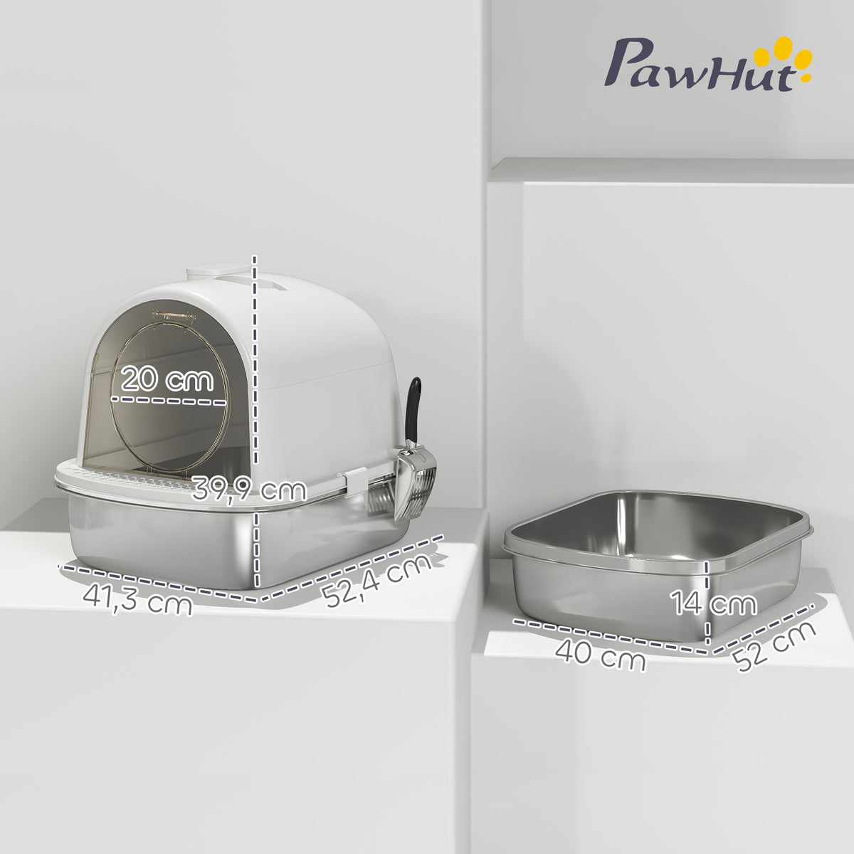 Maison de toilette pour chat bac à litière fermé bac acier inoxydable, nettoyage facile, 52,4 x 41,3 x 39,9 cm, blanc