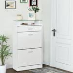 Armoire à Chaussures Meuble rangement Chaussures 2 Portes abattantes 2 Compartiments, tiroir, Plateau en Verre - Bois chêne Blanc