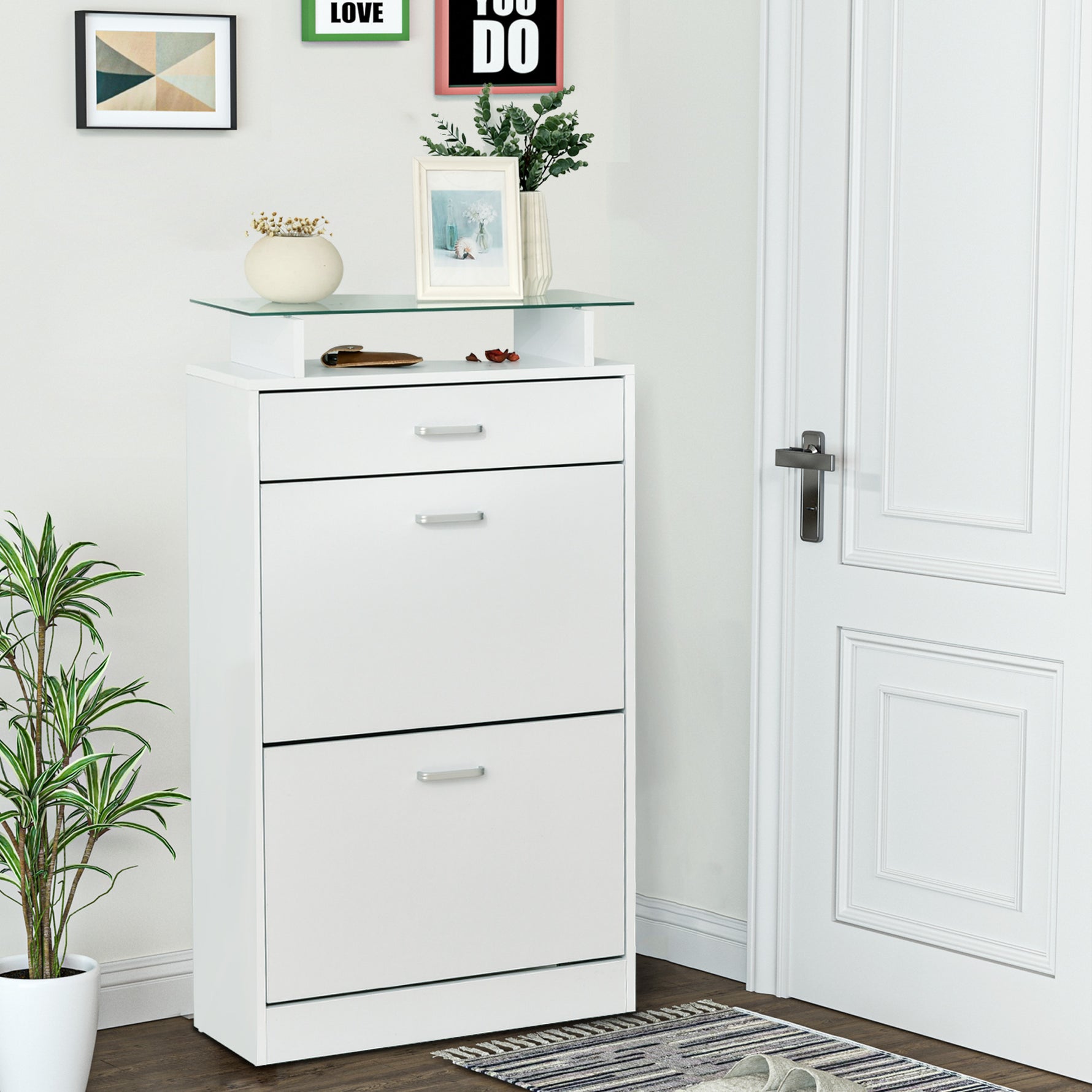 Armoire à Chaussures Meuble rangement Chaussures 2 Portes abattantes 2 Compartiments, tiroir, Plateau en Verre - Bois chêne Blanc