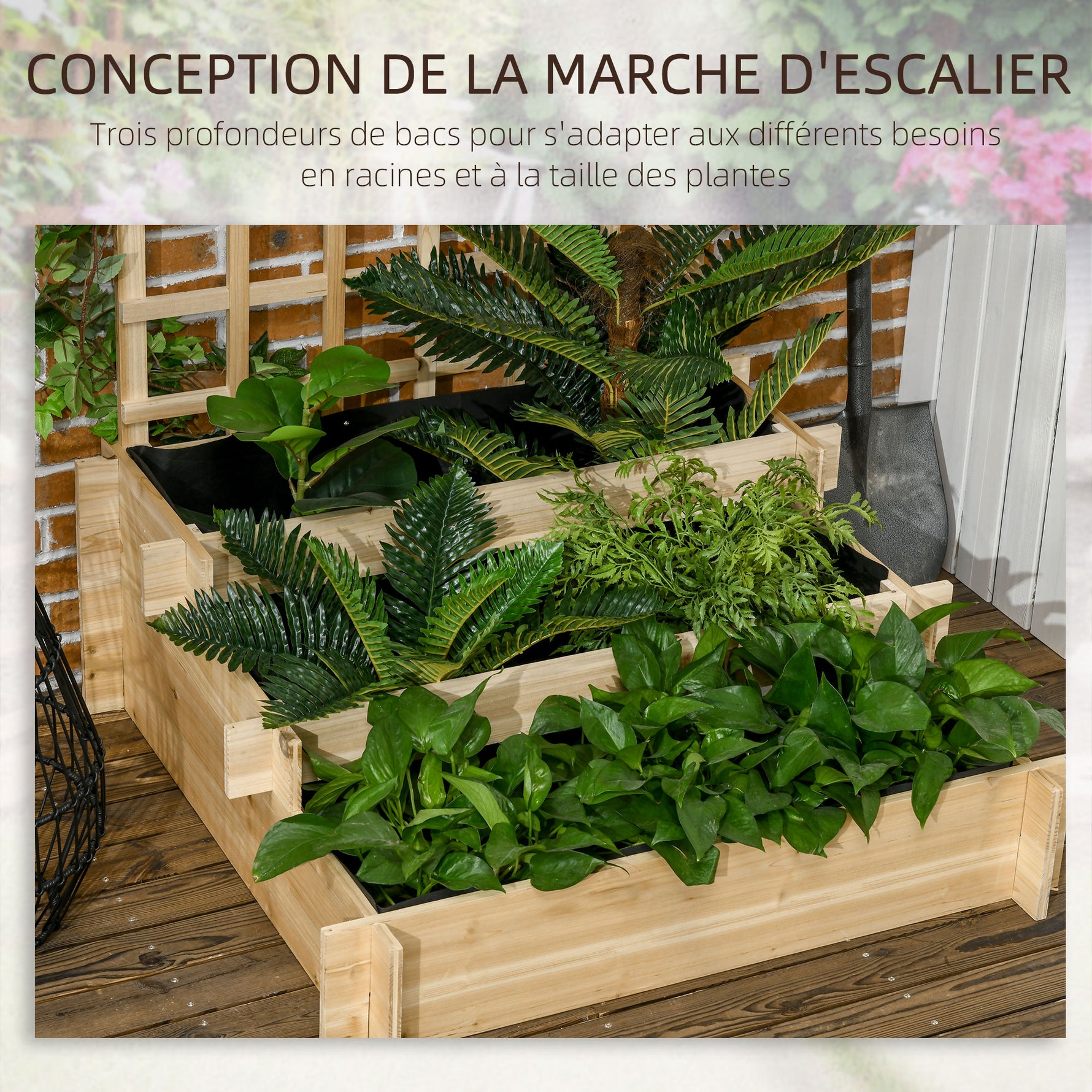 Carré potager jardinière à 3 étages avec treillis lit surélevé en bois pour plantes grimpantes légumes fleurs naturel