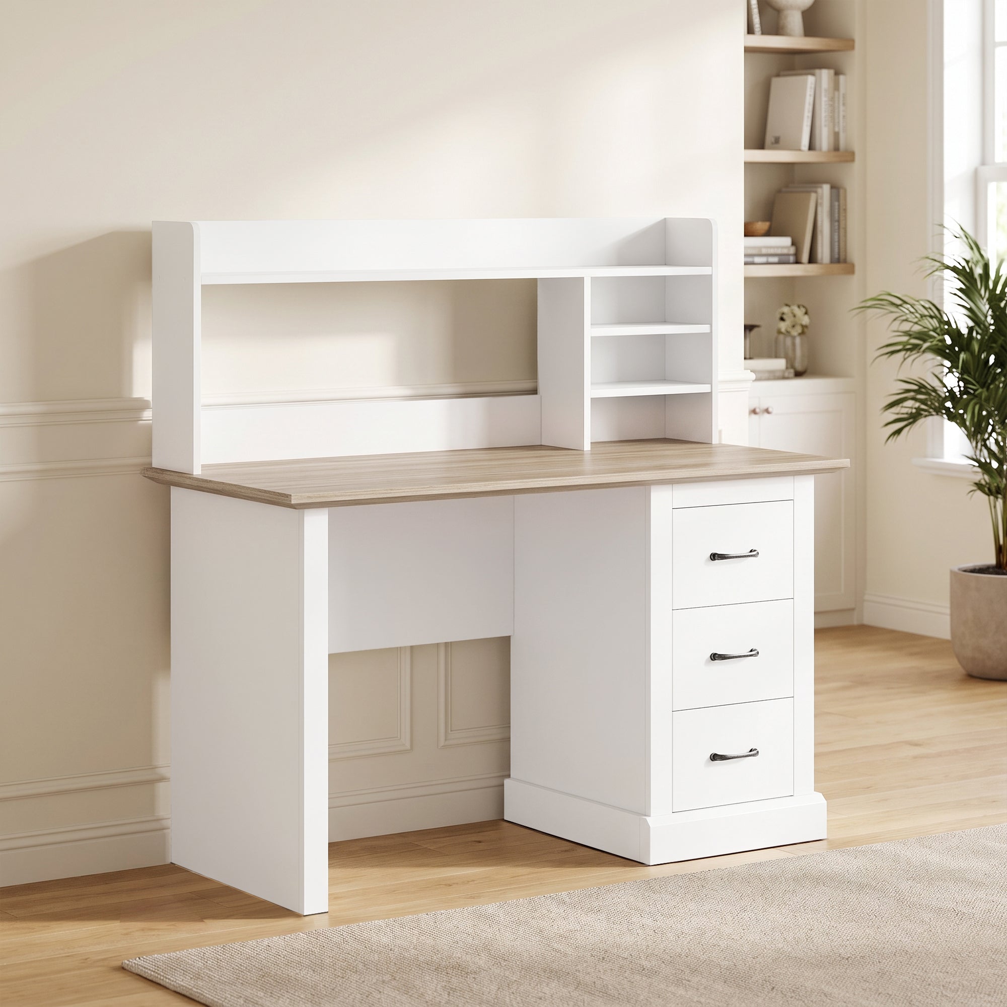Bureau Informatique avec 3 Tiroirs, 120x55cm, Bureau avec Rangement, Étagères Ouvertes et Large Plateau, Chêne et Blanc