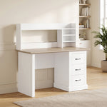 Bureau Informatique avec 3 Tiroirs, 120x55cm, Bureau avec Rangement, Étagères Ouvertes et Large Plateau, Chêne et Blanc