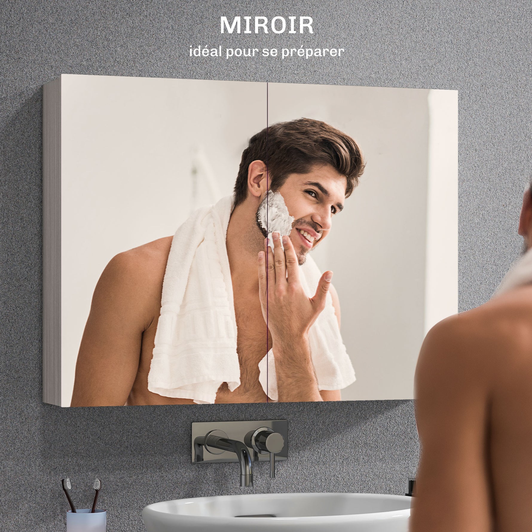 Armoire murale salle de bain avec miroir, meuble salle de bain, double portes et étagères réglables, 80x15x60cm, gris