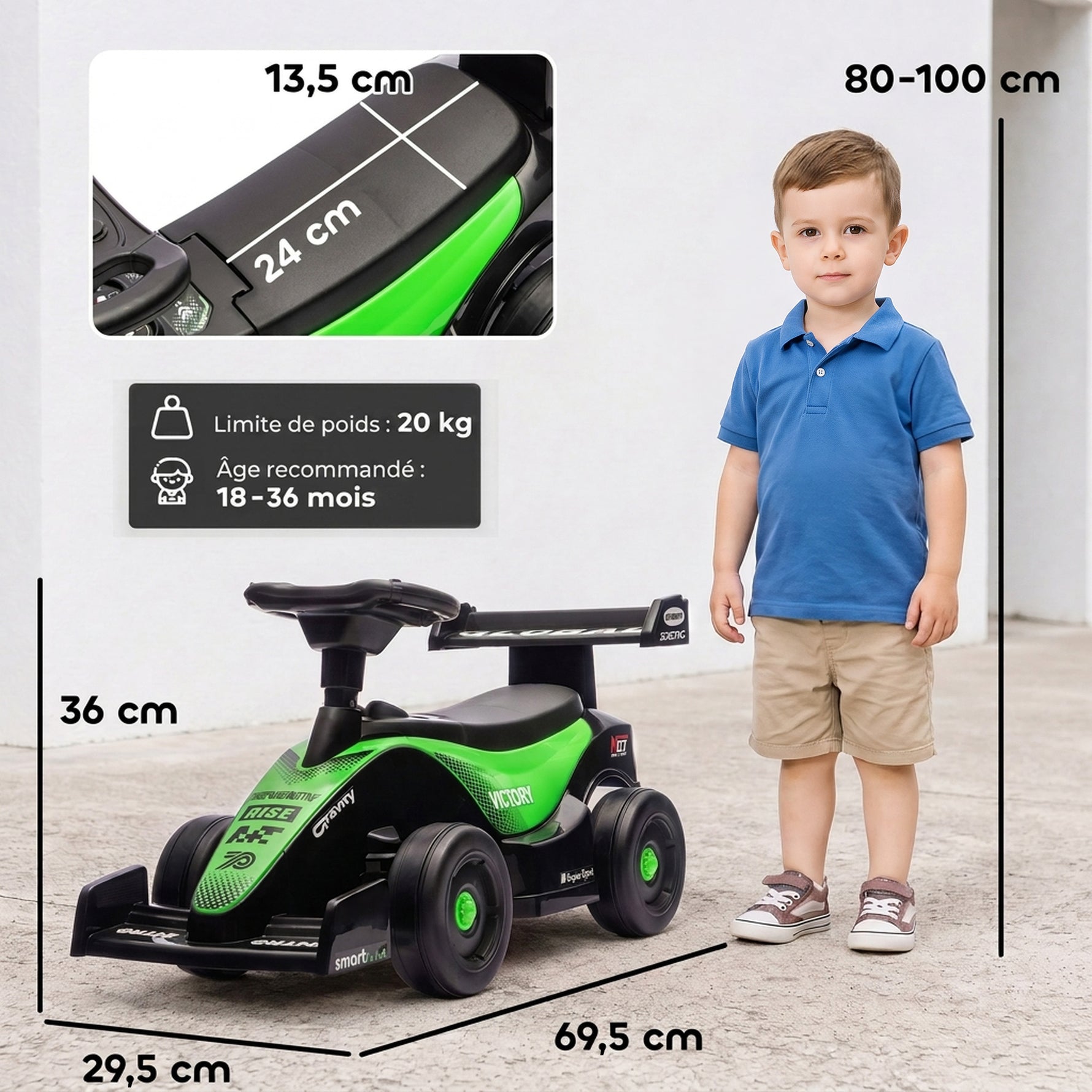 Porteur enfants voiture F1, véhicule à pousser avec volant musical, roues silencieuses et coffre, 18-36 mois, vert