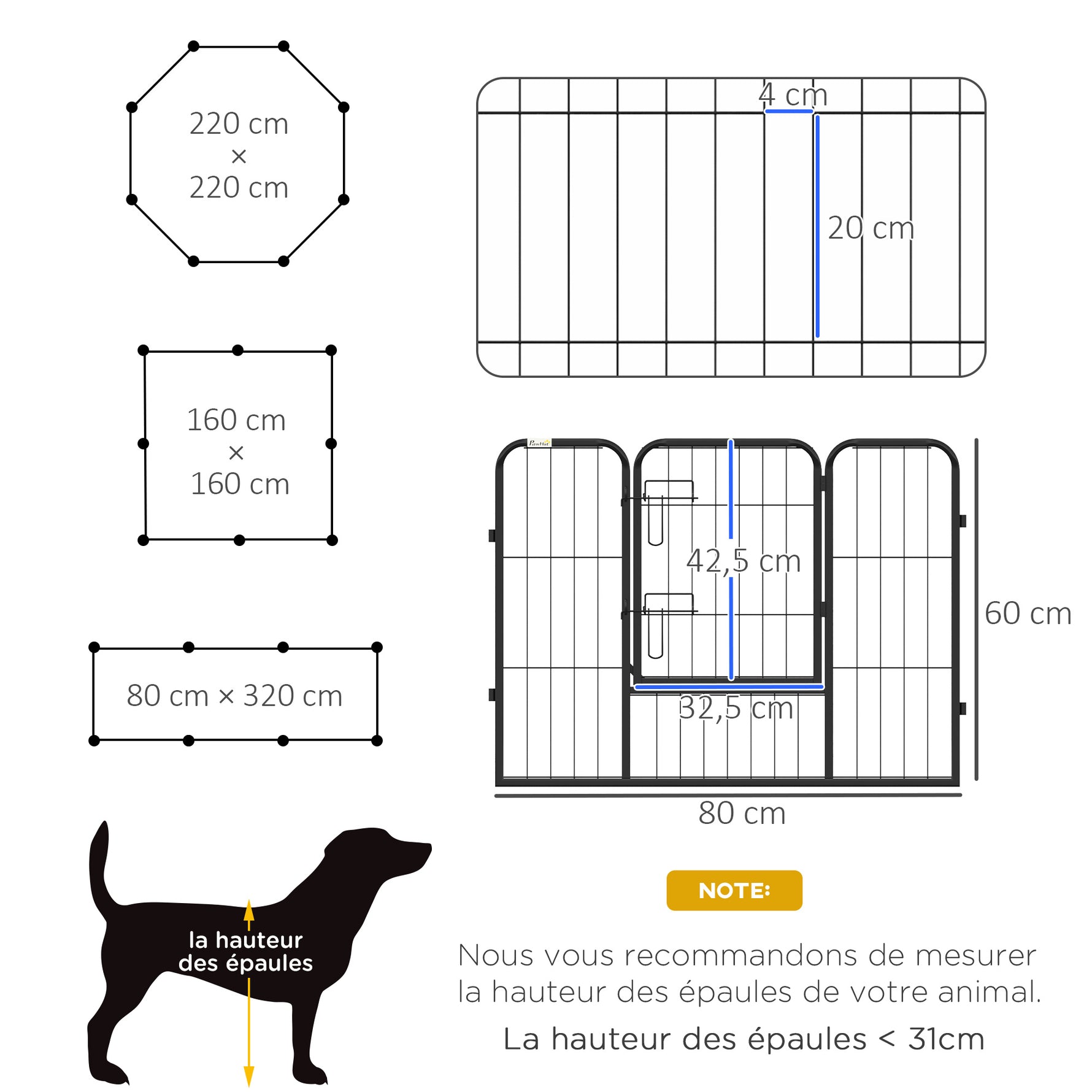 Luxe parc enclos modulable acier époxy porte verrouillable pour chiens, lapins, rongeurs, petits animaux, intérieur et extérieur 80 x 60 cm noir