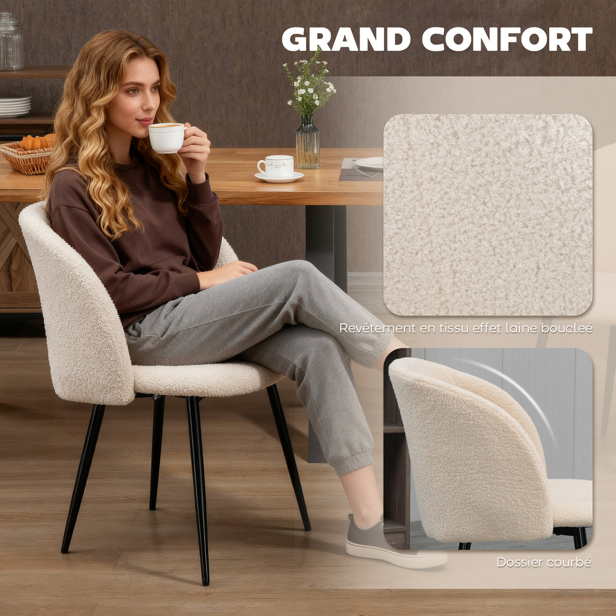 Juego de 2 sillas de comedor con respaldo de tela efecto lana de borreguito, patas de acero, 55 x 62 x 80 cm, beige negro