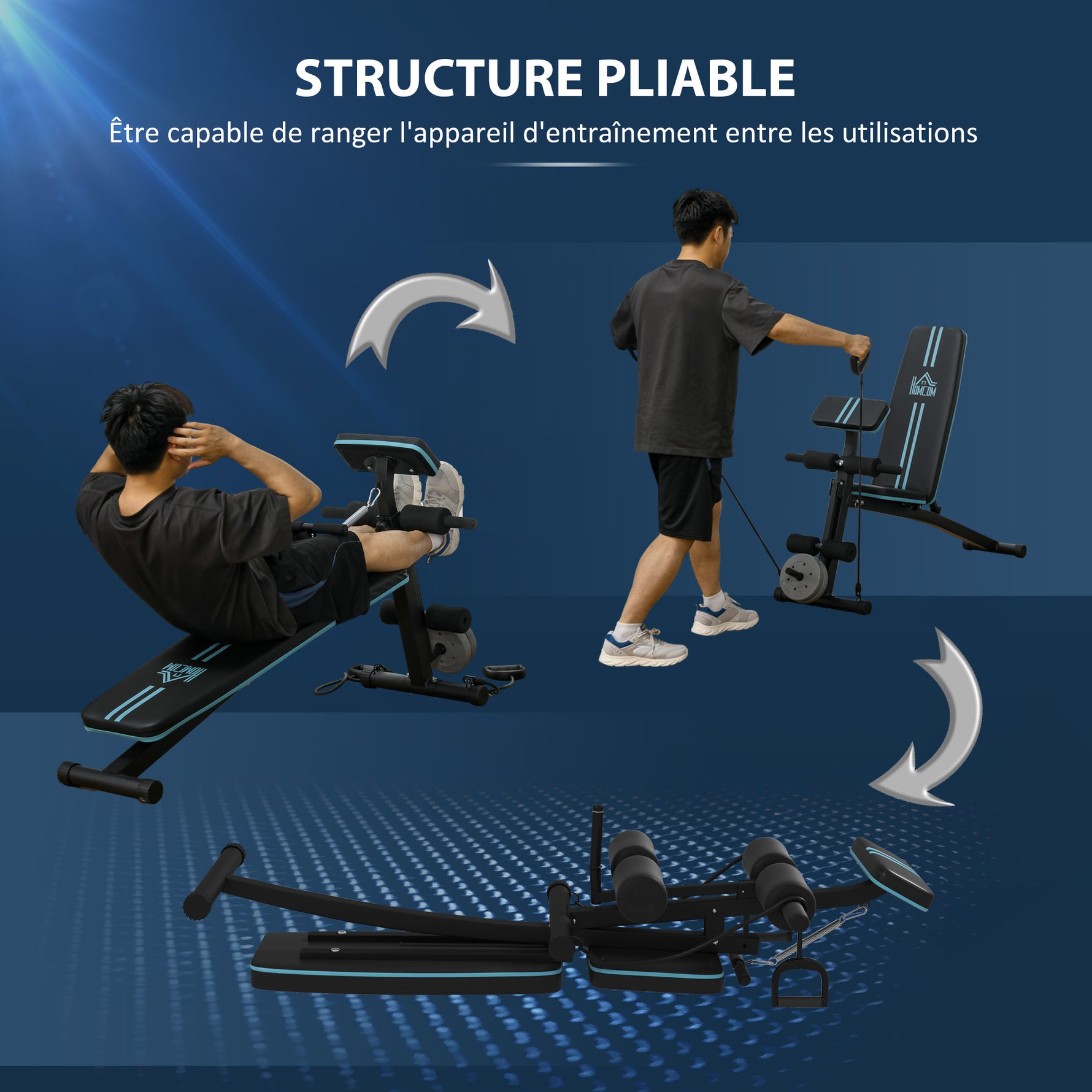 Banc de musculation pliable inclinable, banc réglable avec extenseur des jambes, acier, 54 x 160 x 106 cm, noir bleu
