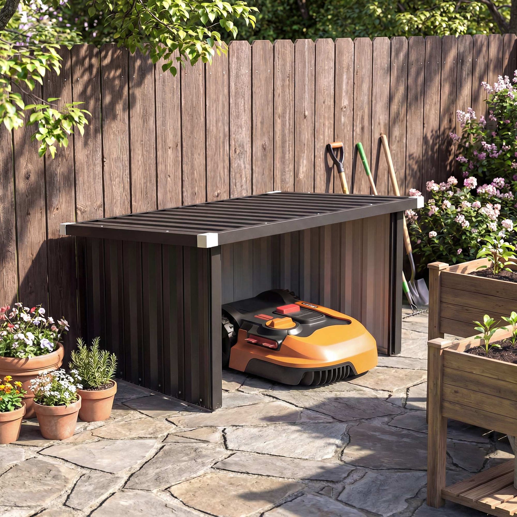 Abri Robot Tondeuse Garage pour Robot Tondeuse avec Toit incliné en acier galvanisé, 108 x 86 x 62,5 cm, gris foncé