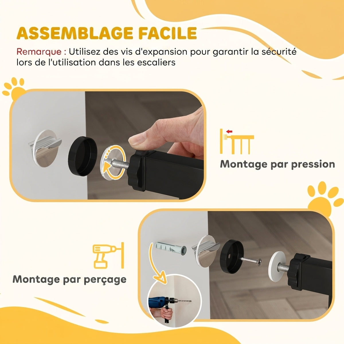 Barrière de sécurité pour chiens et bébés 76 à 102 cm avec extension fixation par pression sans perçage blanc
