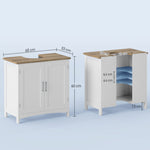Meuble salle de bain sous lavabo à double portes avec étagères réglables, blanc et bois naturel