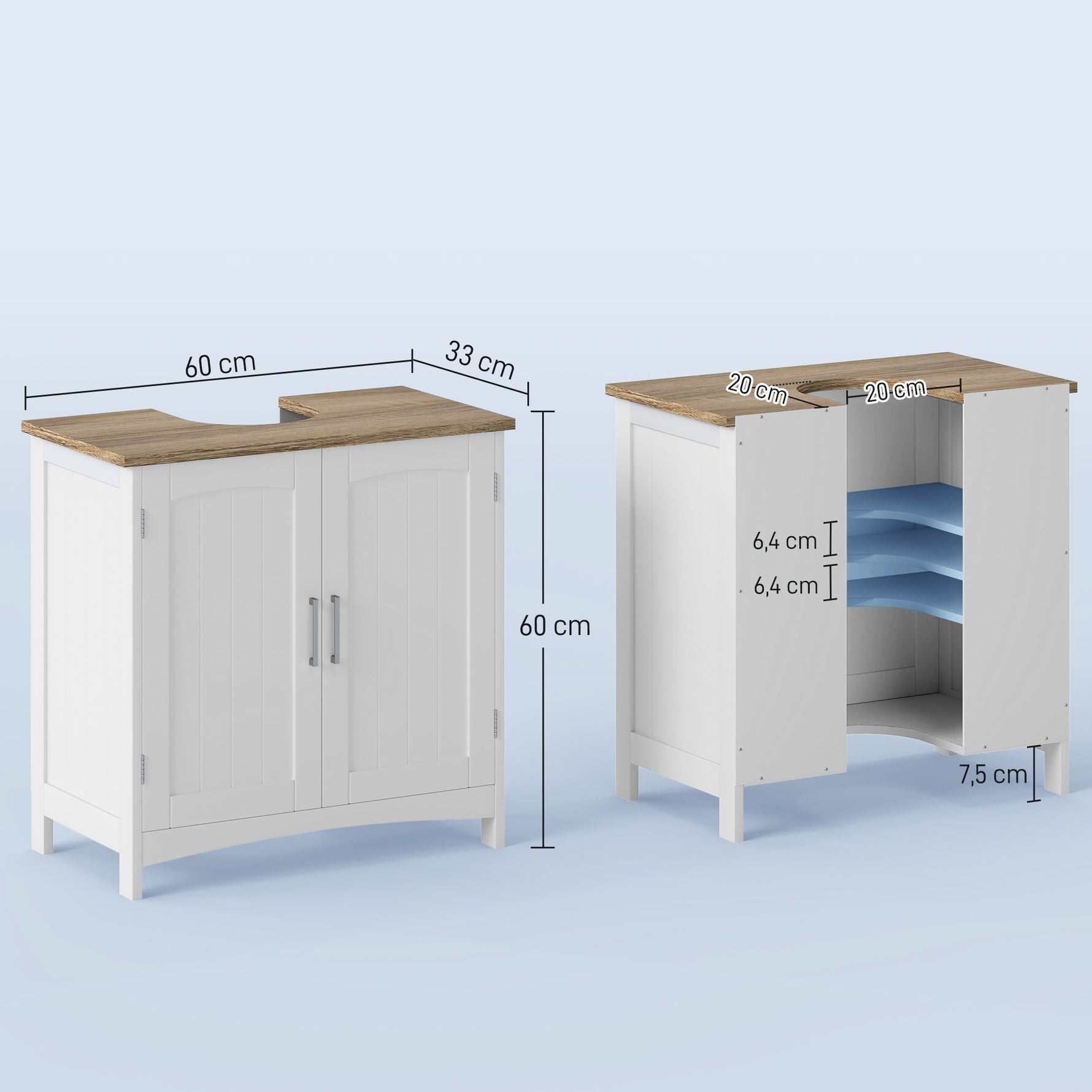 Meuble salle de bain sous lavabo à double portes avec étagères réglables, blanc et bois naturel