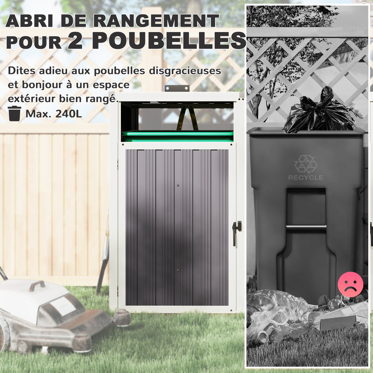 Abri pour 2 poubelles 240L cache poubelle extérieur couvercle relevable 180° acier galvanisé 146x81x122cm gris foncé