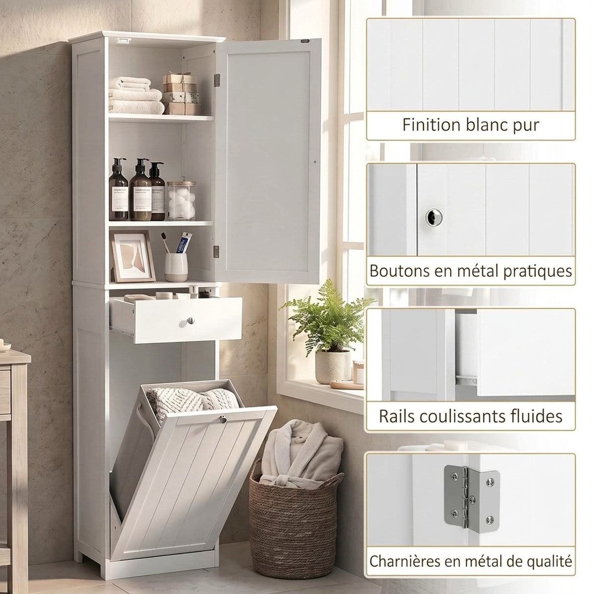 Badezimmerschrank mit Schublade, Wäschekorb, verstellbarem Regal, moderner Stil, 45 x 30 x 180 cm, Weiß