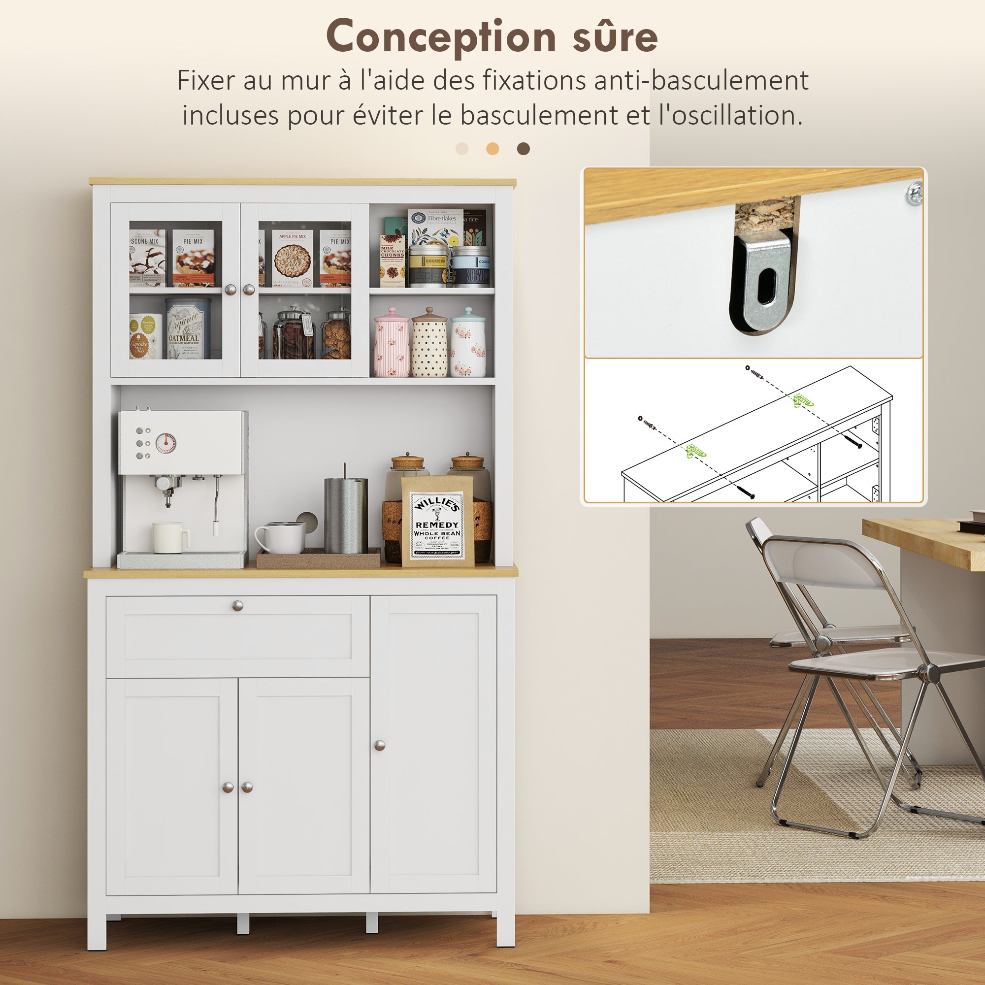 Alacena de cocina alta de 5 puertas, 2 de ellas acristaladas, con 1 cajón y 1 hueco central - altura 180 cm, color blanco
