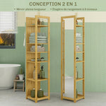 Meuble colonne de salle de bain à 6 niveaux en bambou avec miroir, 6 étagères, naturel, 35L x 35l x 168H cm