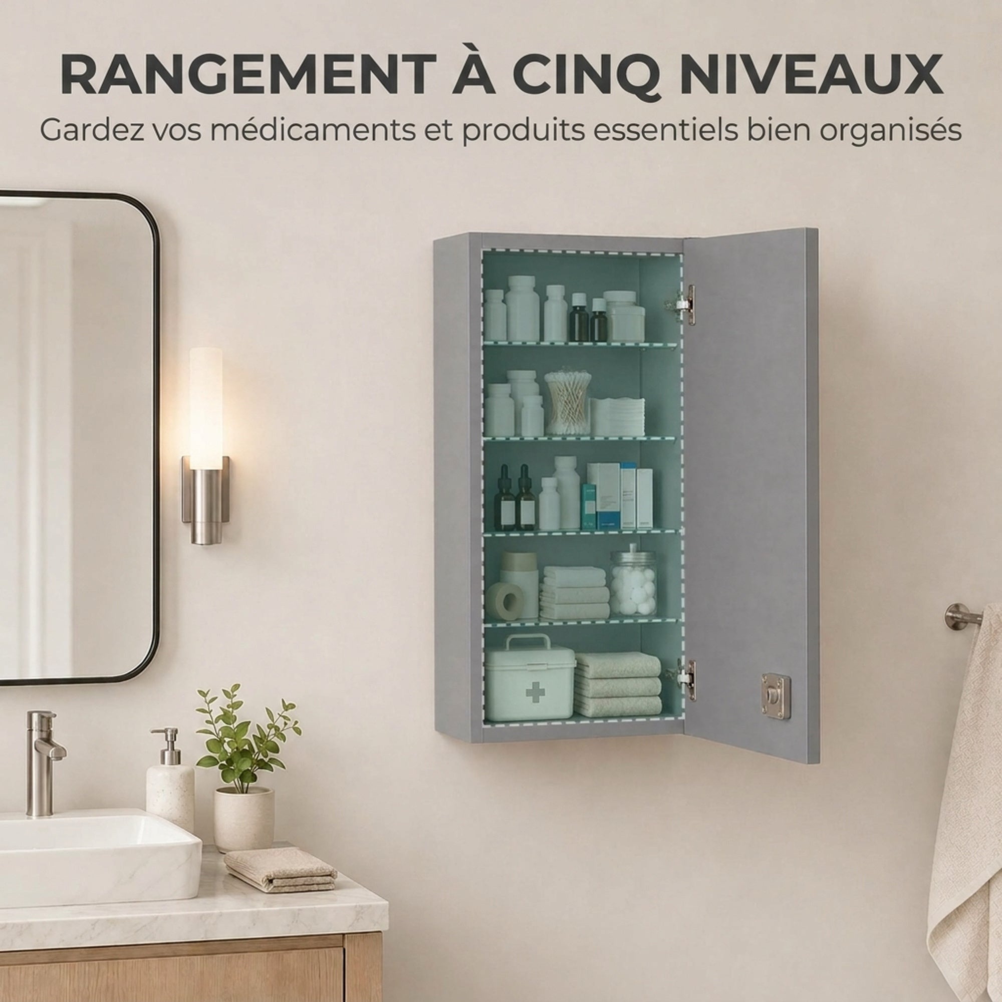 Armoire à pharmacie murale avec serrure, 5 étagères et tablettes réglables, bois et verre, gris, 30x20x70cm