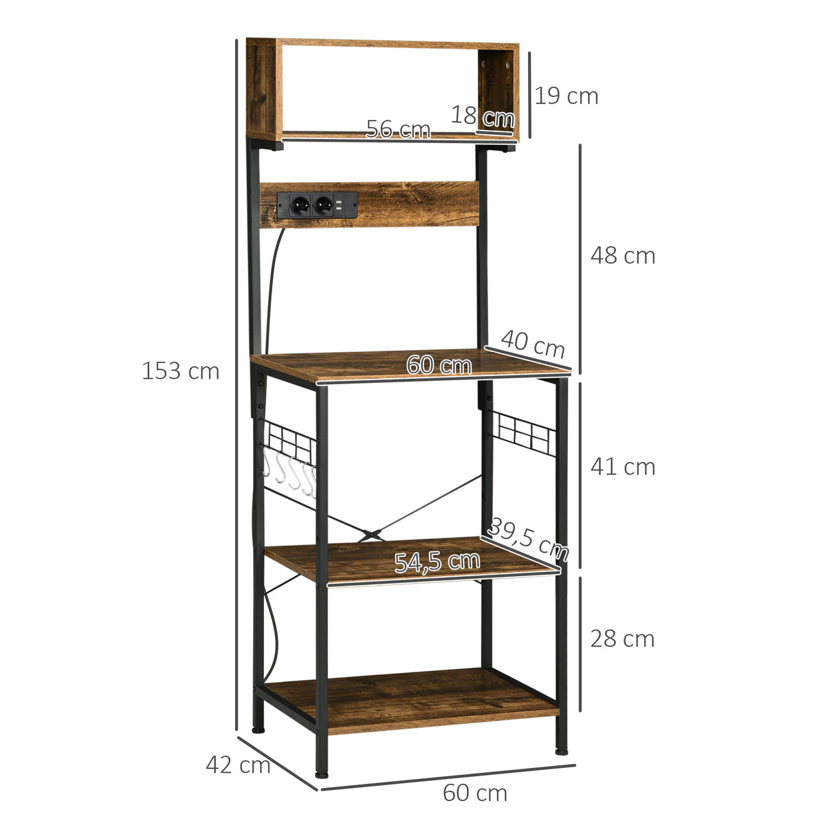 Küchenregal Mikrowellenhalterung mit 2 USB-Ladegeräten und 2 Steckdosen, 5 Haken und verstellbarem Fachboden