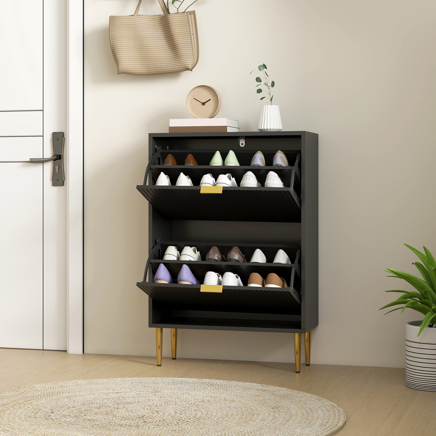 Meuble à chaussures 12 paires avec 2 tiroirs rabattables, portes cannelées et étagères réglables, 60x24x91,5cm, noir