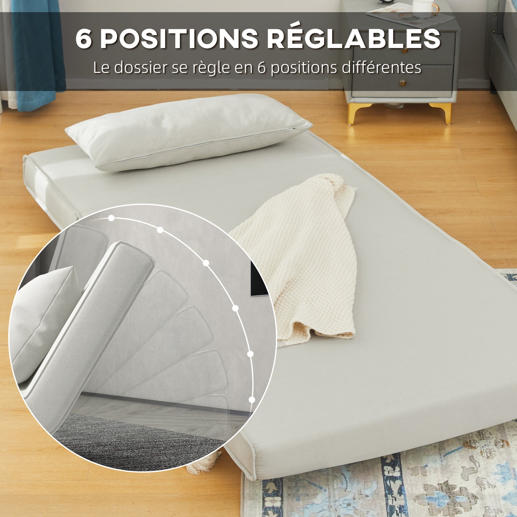 Canapé-lit 1 place avec dossier réglable, coussin inclus et pieds pliables charge 120 kg blanc