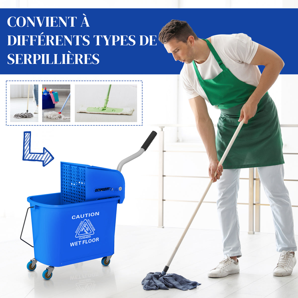 Chariot de nettoyage lavage seau de ménage 20 L avec essoreur et séparateur eau sale propre bleu 60L x 27l x 70,5H cm