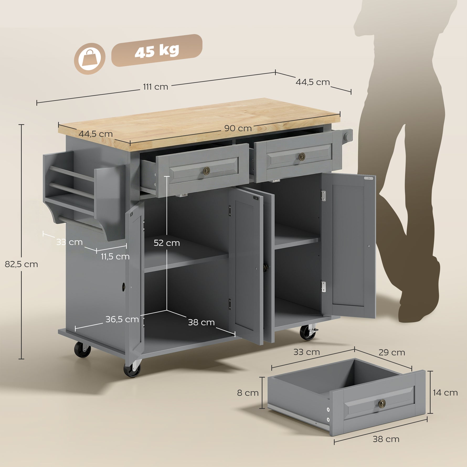 Desserte ilôt de cuisine multi rangements 2 tiroirs 2 placard 2 portes avec étagère range-bouteille