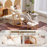 Poltrona a dondolo con poggiapiedi, sedia a dondolo in tessuto bouclé, gambe in legno, 64,5 x 82 x 89 cm, bianco