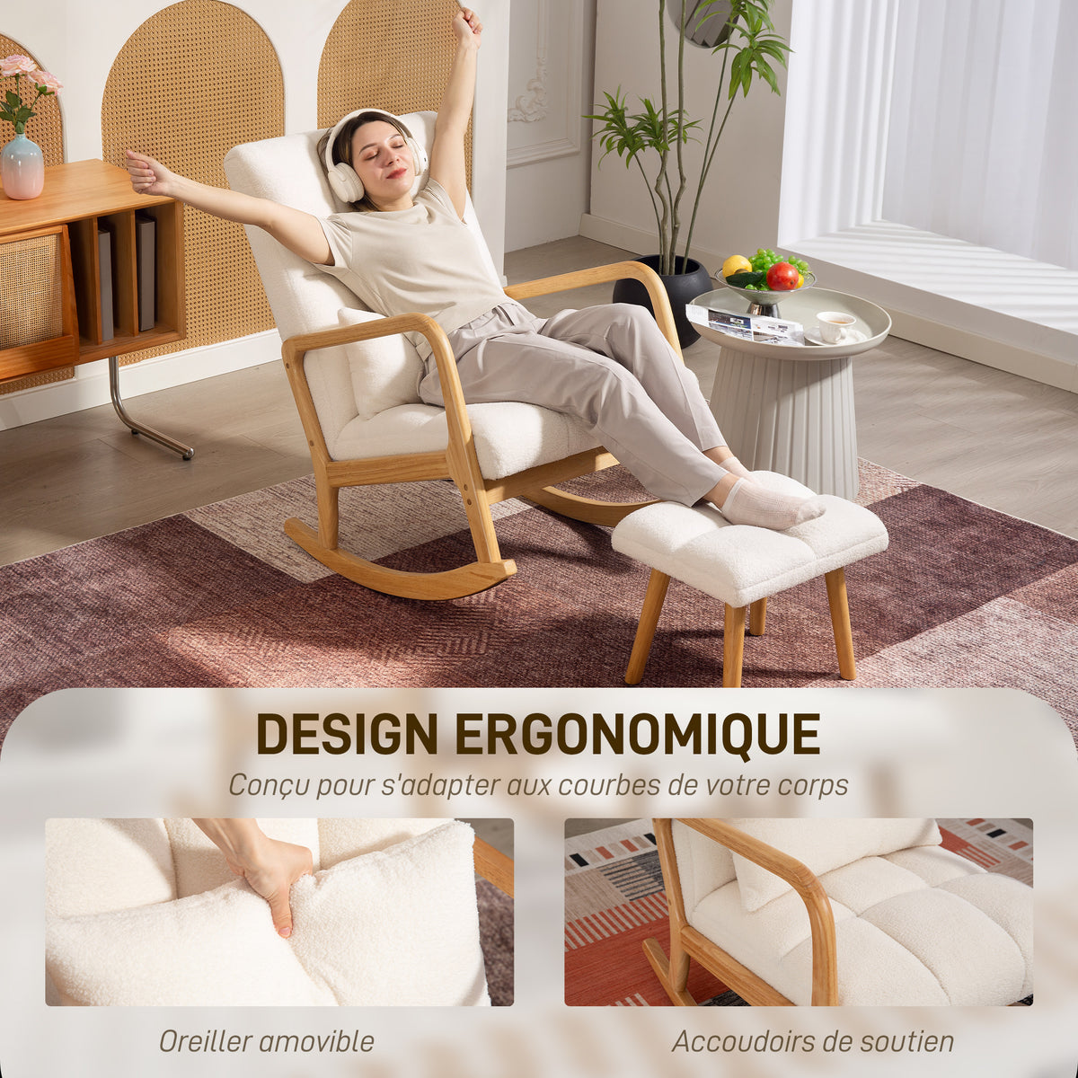Poltrona a dondolo con poggiapiedi, sedia a dondolo in tessuto bouclé, gambe in legno, 64,5 x 82 x 89 cm, bianco