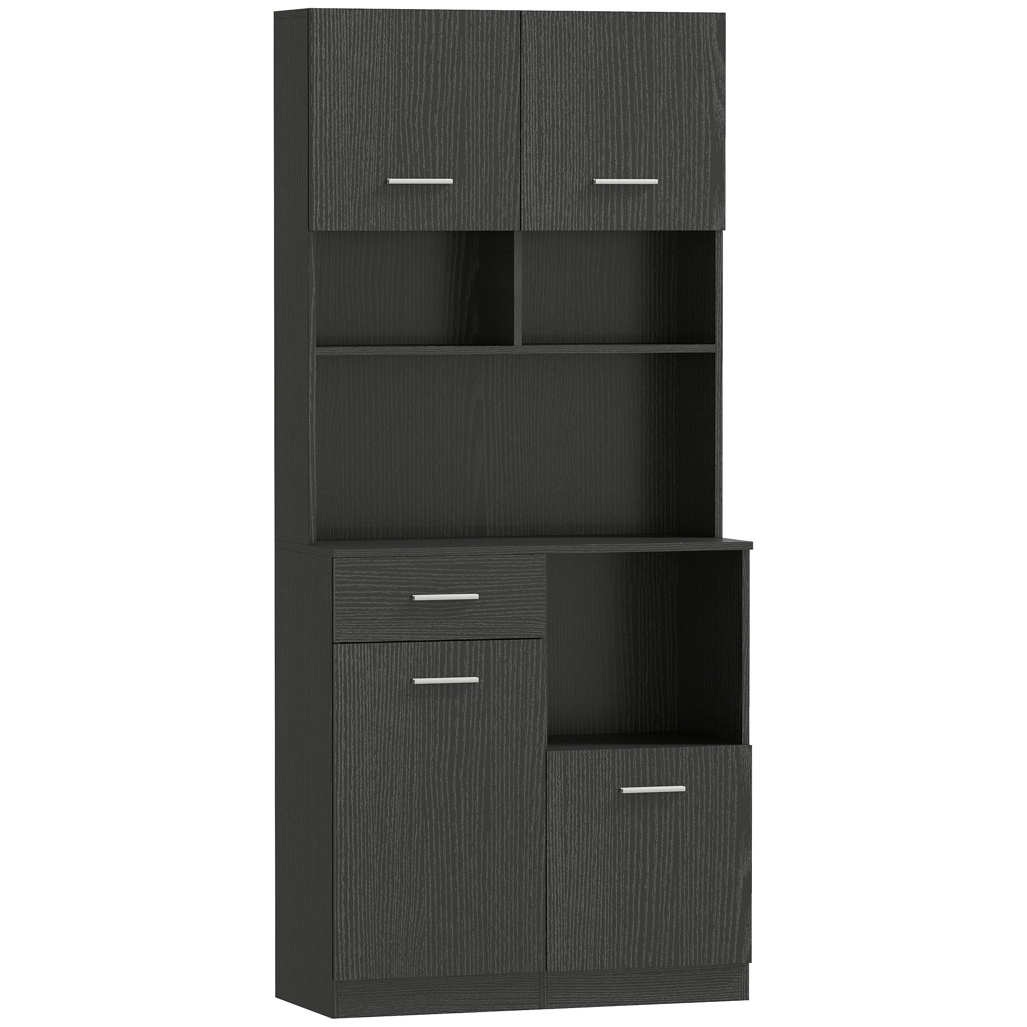 Aparador Alto de Cocina, Armario de Cocina con 4 Puertas de Cierre Suave, Cajón y Estantes Ajustables, Negro