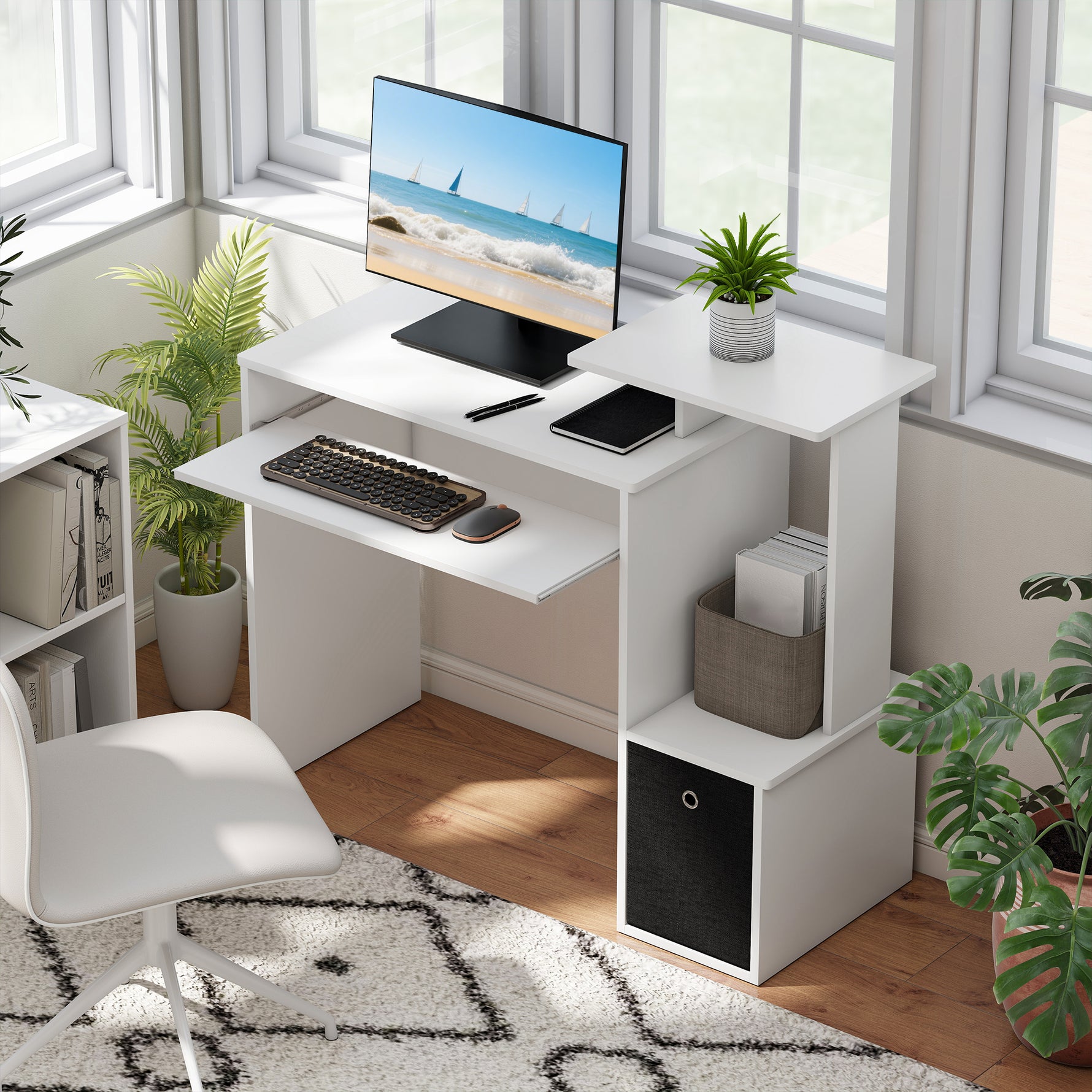 Bureau Informatique multimédia étagères Tablette Clavier Panier Noir Panneaux Particules Blanc